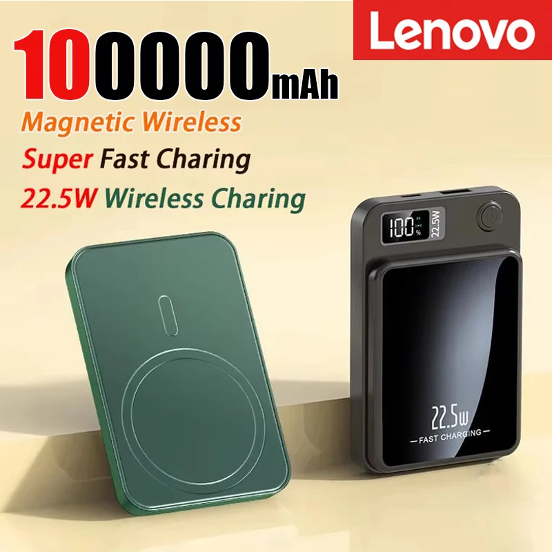 

Lenovo 100000mAh Magnetic Wireless Charger Power Bank 22.5W Super Fast Charging Powerbank Portable For iPhone Samsung Huawei