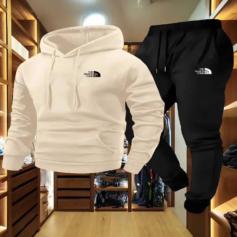 New Men's Jogging Zipper Hooded Sweatshirt and Sweatpants Two-Piece Set for Autumn and Winter Casual Fashion Sportswear