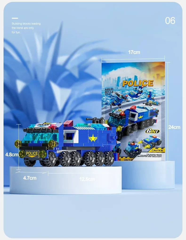 Mini-Bausteine, 6-in-1, DIY-Polizeiauto, Feuerwehrauto, Schloss, Modellsteine, Kinder, Lernspielzeug, Geschenke – Detail 4
