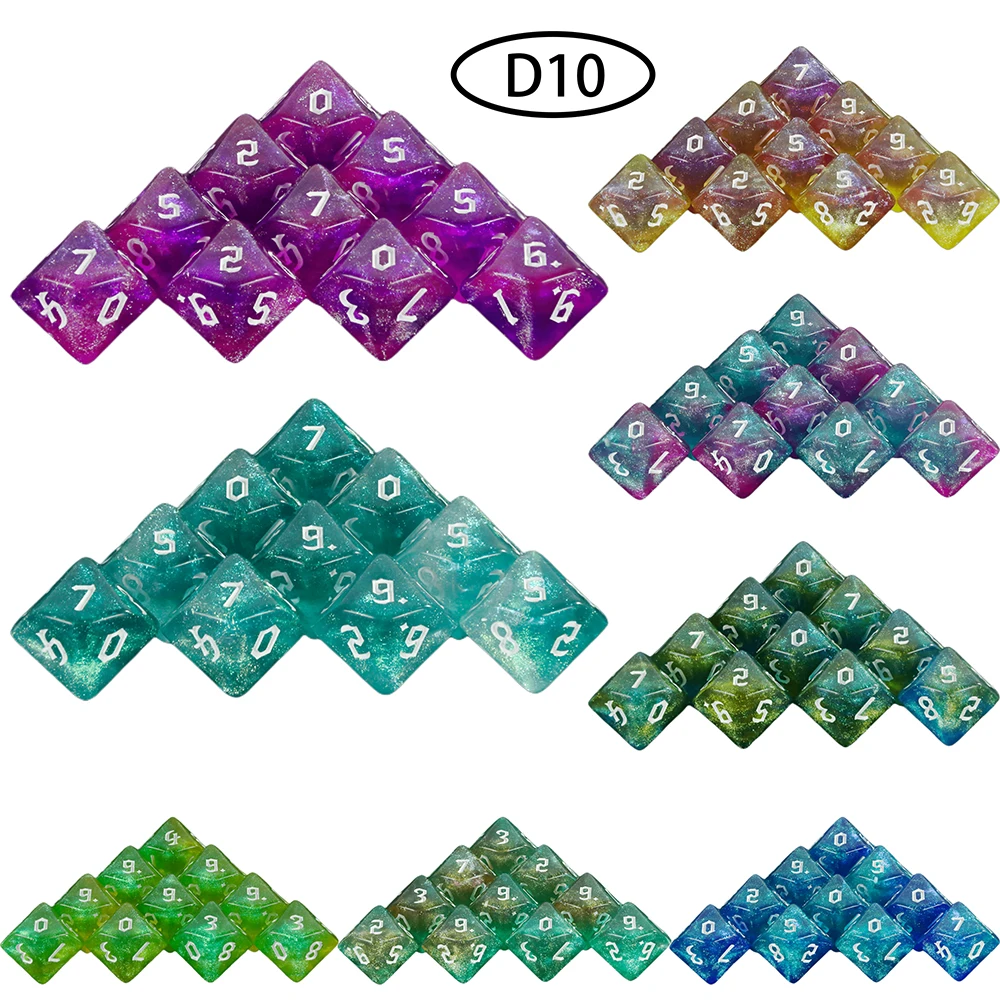 D10(0-9) Dice Polyhedral Dice Set 10pcs Double Color Glitter 10 Sided Dice  for DND RPG Table Games Accessories