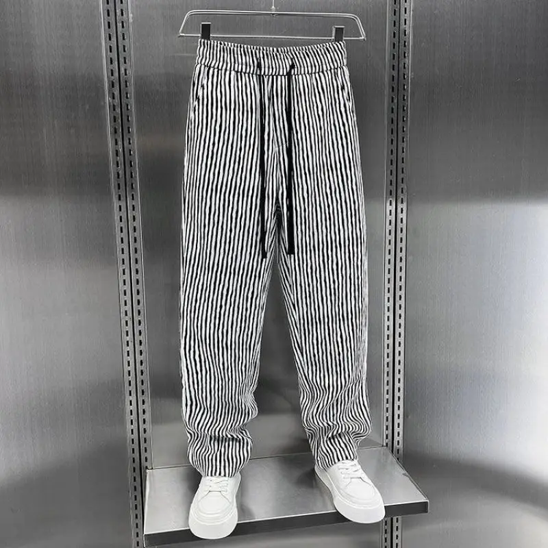 American Style Summer New Trousers Men's Spliced High Waist Elastic Drawstring Fashion Loose Casual Sweatpants Striped Pants