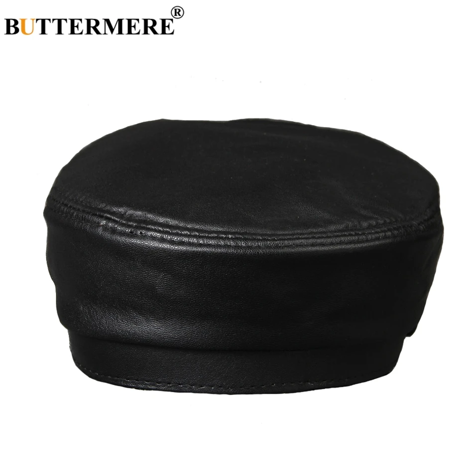 BUTTERMERE Leather Military Caps For Men Black Casual Flat Caps Army Women Genuine Leather Vintage Autumn Winter Military Hats