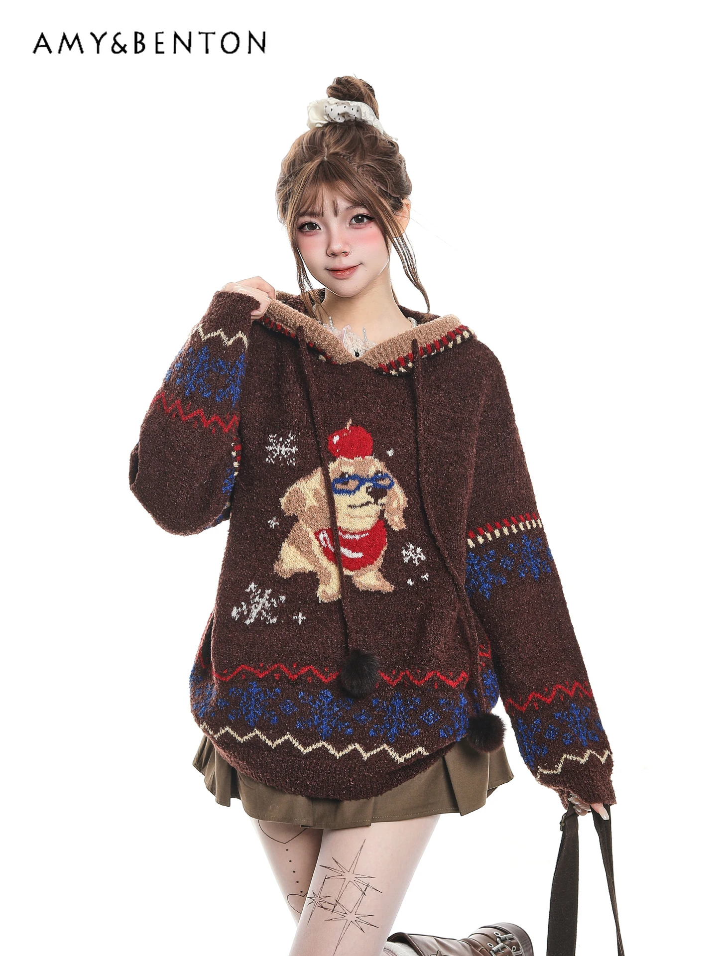 

Осень-зима 2022, новый милый ретро-мультяшный щенок, жаккардовый свитер с капюшоном, женский свободный повседневный коричневый вязаный топ