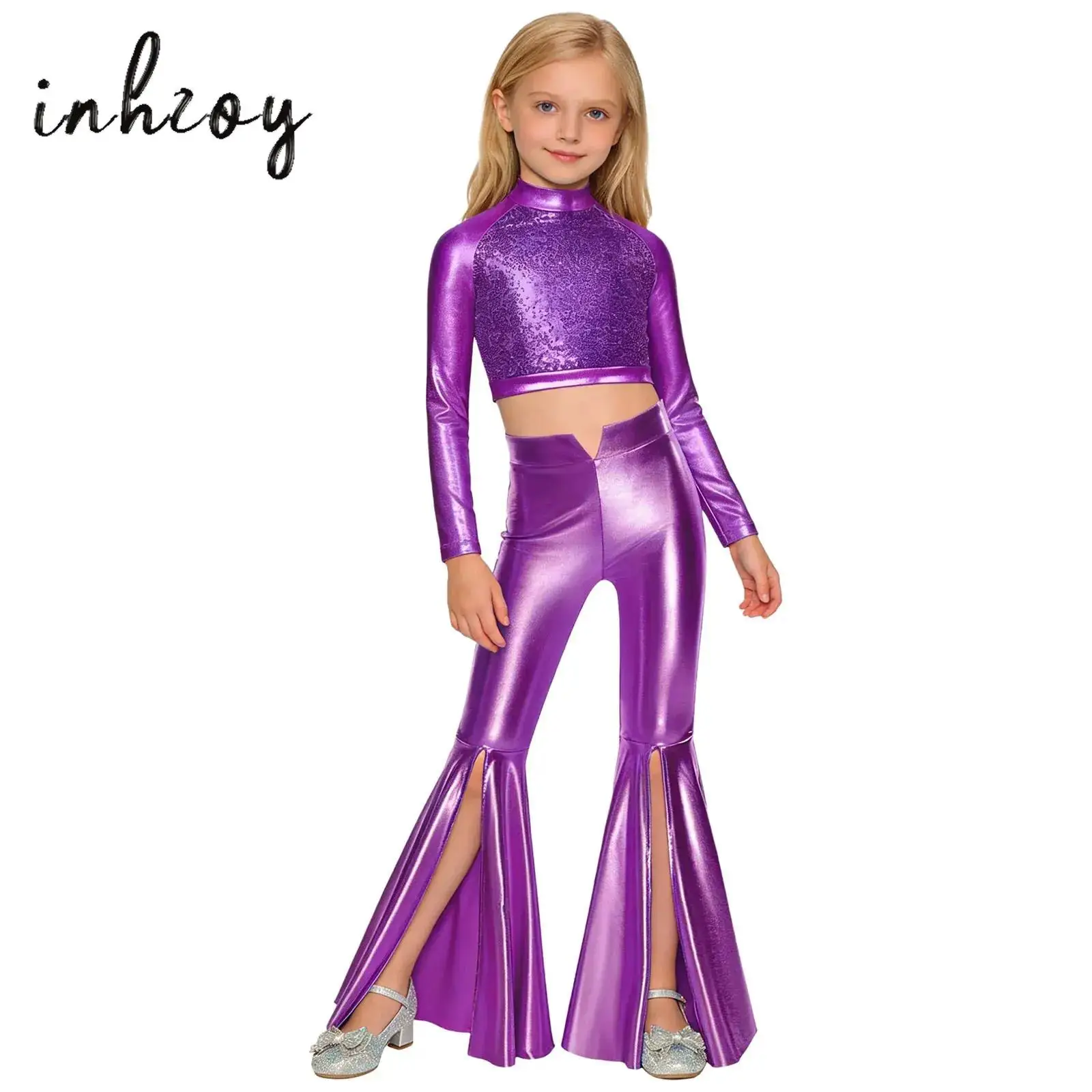 

Kids Girls Ballet Disco Hip Hop Stage Performance Costume Modern Jazz Dance Crop Top with Bell-Bottom Shiny Pants Hippie Clothes