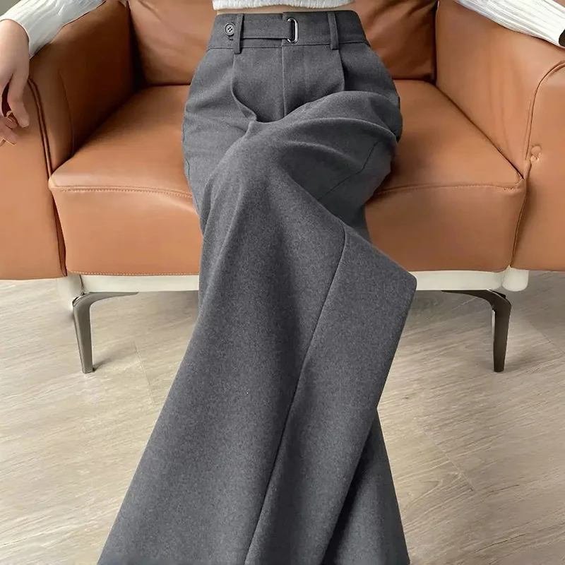 

Faux Wool Classic Suit Pants Women High Waist Loose Thick Trousers Simple Straight Fashion Chic Solid Office Lady Wide Leg Pants
