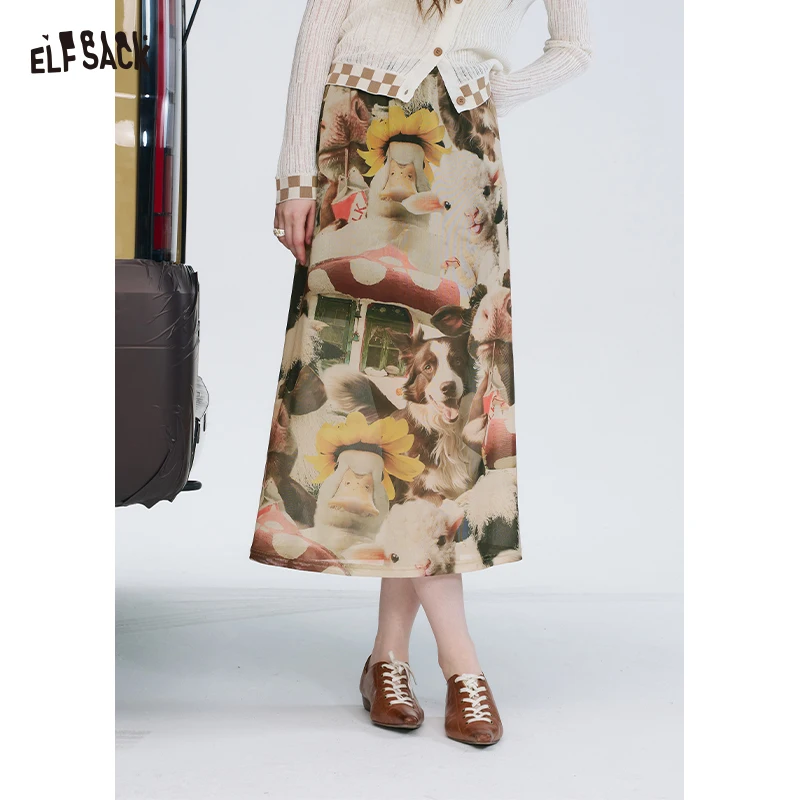 

ELFSACK 2025 Summer New Arrivals casual original design fully printed A-Line long skirt