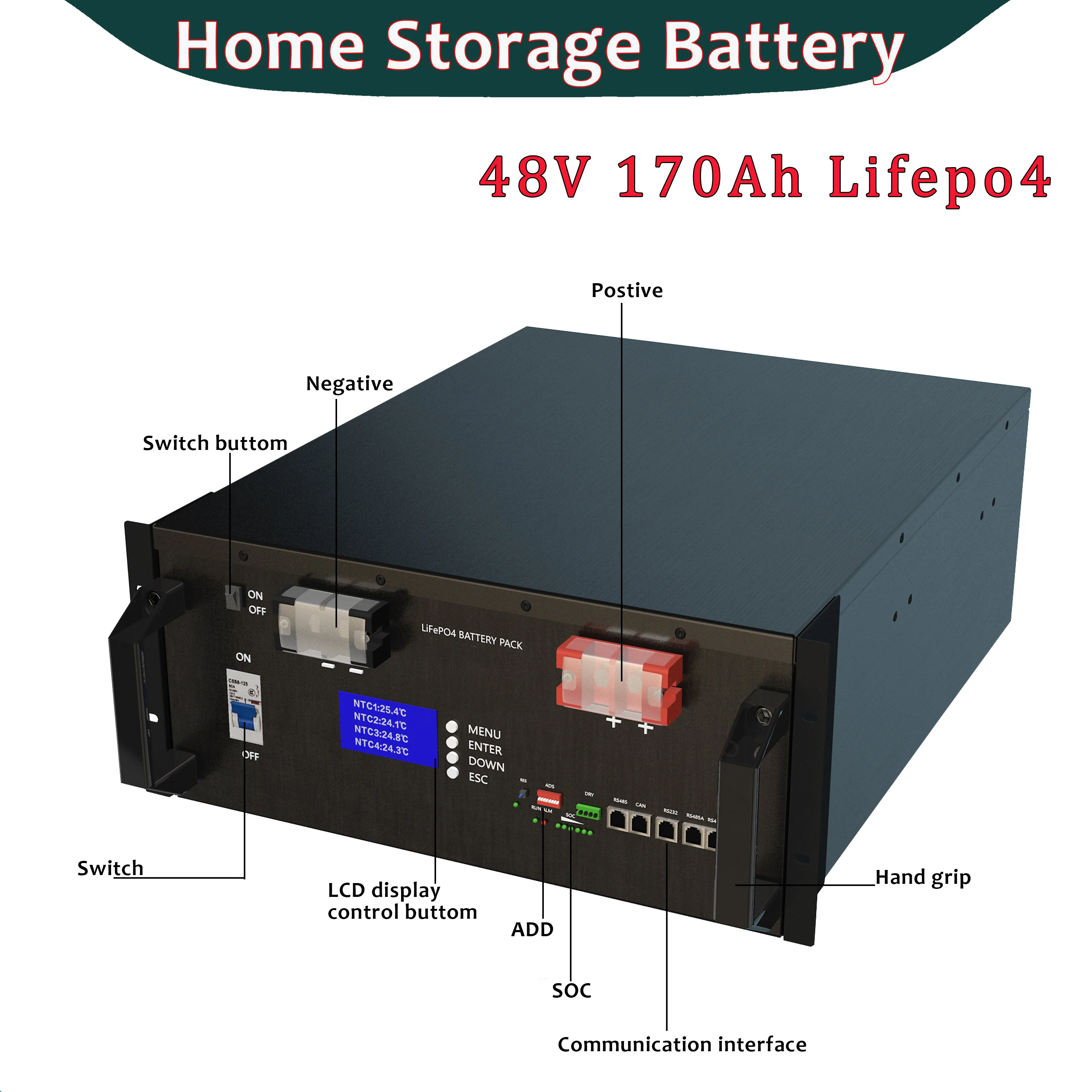 48v 170Ah LifePO4 Battery With Bluetooth BMS Customize CAN RS485 BUS for Solar System