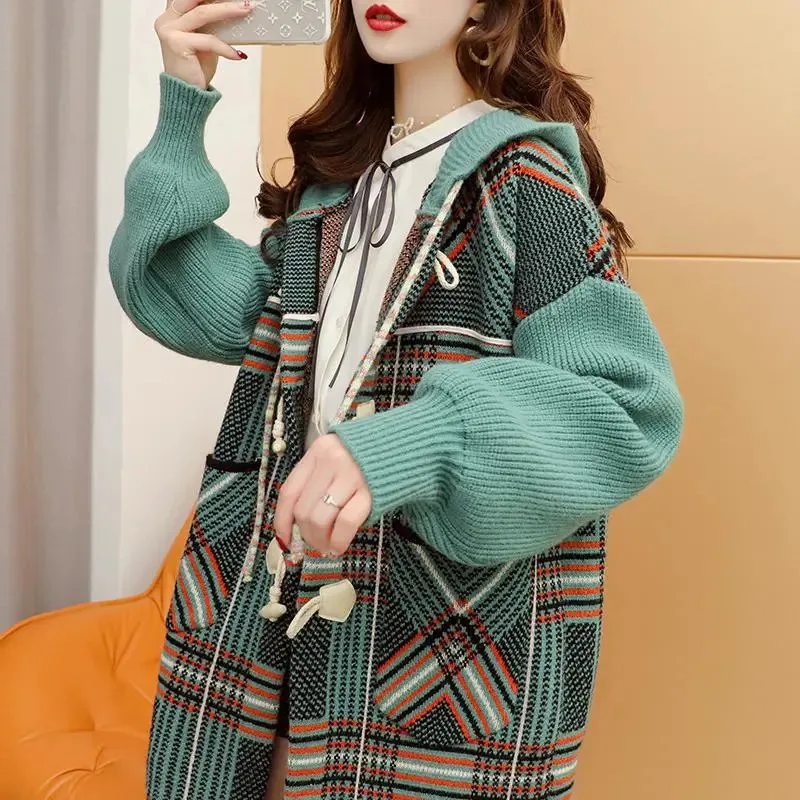 2022 Button Sweater Cardigan Coat Women Retro Plaid Autumn Winter New Loose Coats Pocket Fashion Overcoat Mid-Long Outerwear