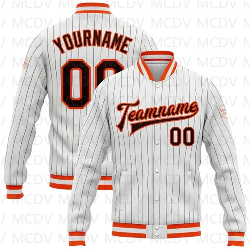 

Custom White Brown Pinstripe Brown-Orange Bomber Full-Snap Varsity Letterman Jacket