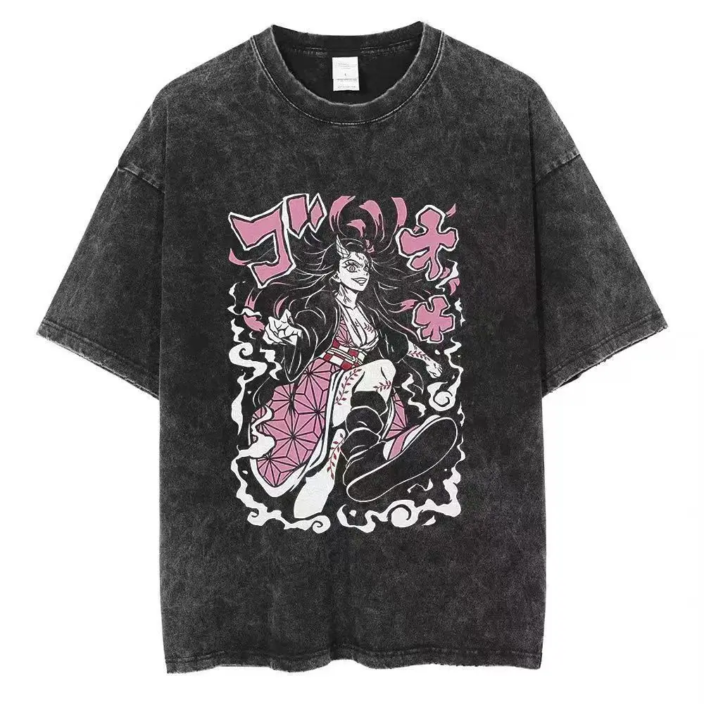 Washed to make old American Ghost Blade anime ukiyo-e summer retro t-shirt street trendy round neck short sleeved t-shirt