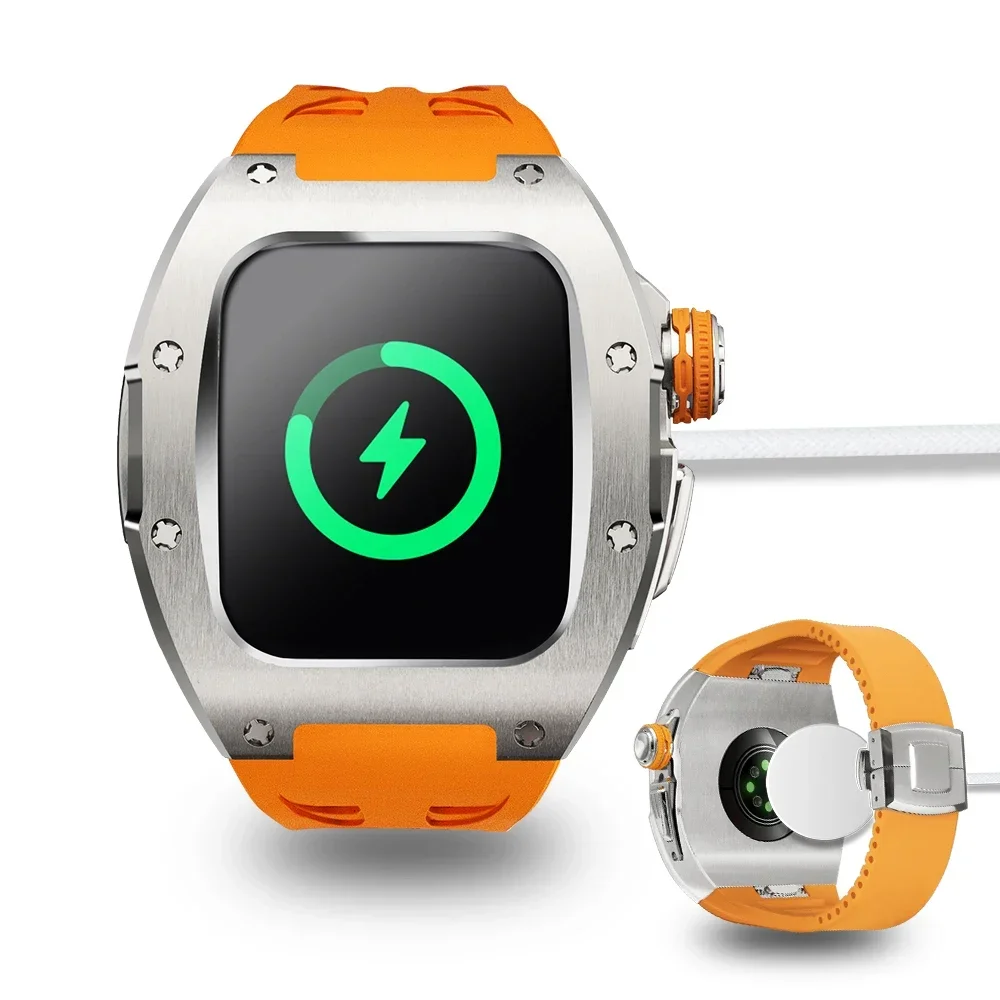 Kit Mod de acero inoxidable de lujo para Apple Watch Series 10, herramienta de correa de caucho fluorado de 46MM, instalación rápida gratuita, estilo de desmontaje