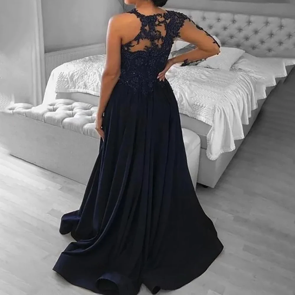 Navy Blue Lace Chiffon Evening Dresses Side Split A-Line  Appliques O-Neck Long Sleeve Prom Gowns Bridesmaid Dresses Customized