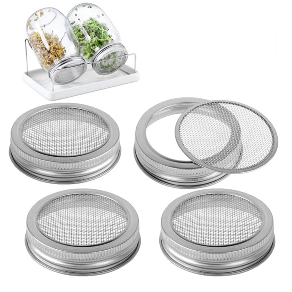 4pcs 87mm Sprouting Lids for Wide Mouth Mason Jars, Stainless Steel Mesh Screens for Making Organic Sprout Seeds