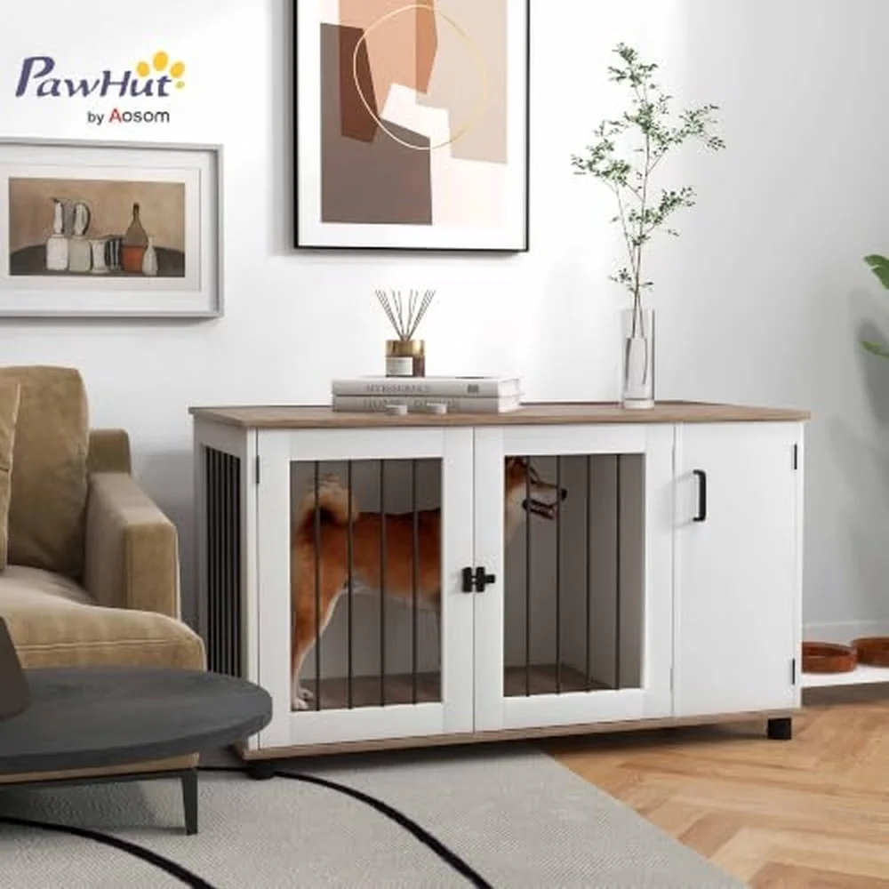 Dog Crate Furniture with Storage Double Doors for Large Dogs Walnut