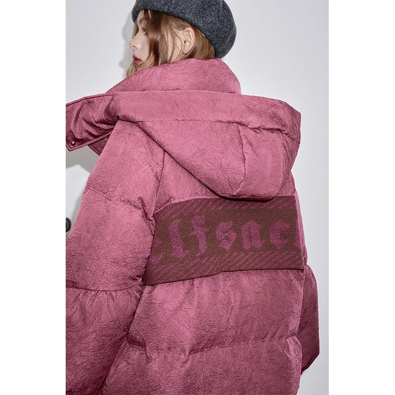 ELFSACK 2024 وصل حديثًا سترة شتوية عصرية فضفاضة بألوان متباينة متوسطة الطول مع قلنسوة دافئة للنساء