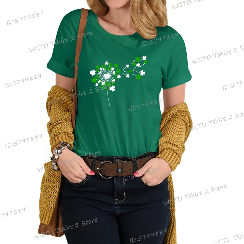 Dandelion St. Patricks Day Woman T-shirts Lucky Shamrock Shirt Dandelion Happy Patricks Day Clover Crew Neck Women's Clothing