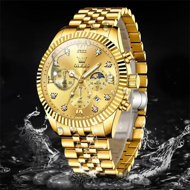 OLEVS 2932 Golden Watches Men Quartz Watch Chronograph Zircon Scale Waterproof Luminous Watch men