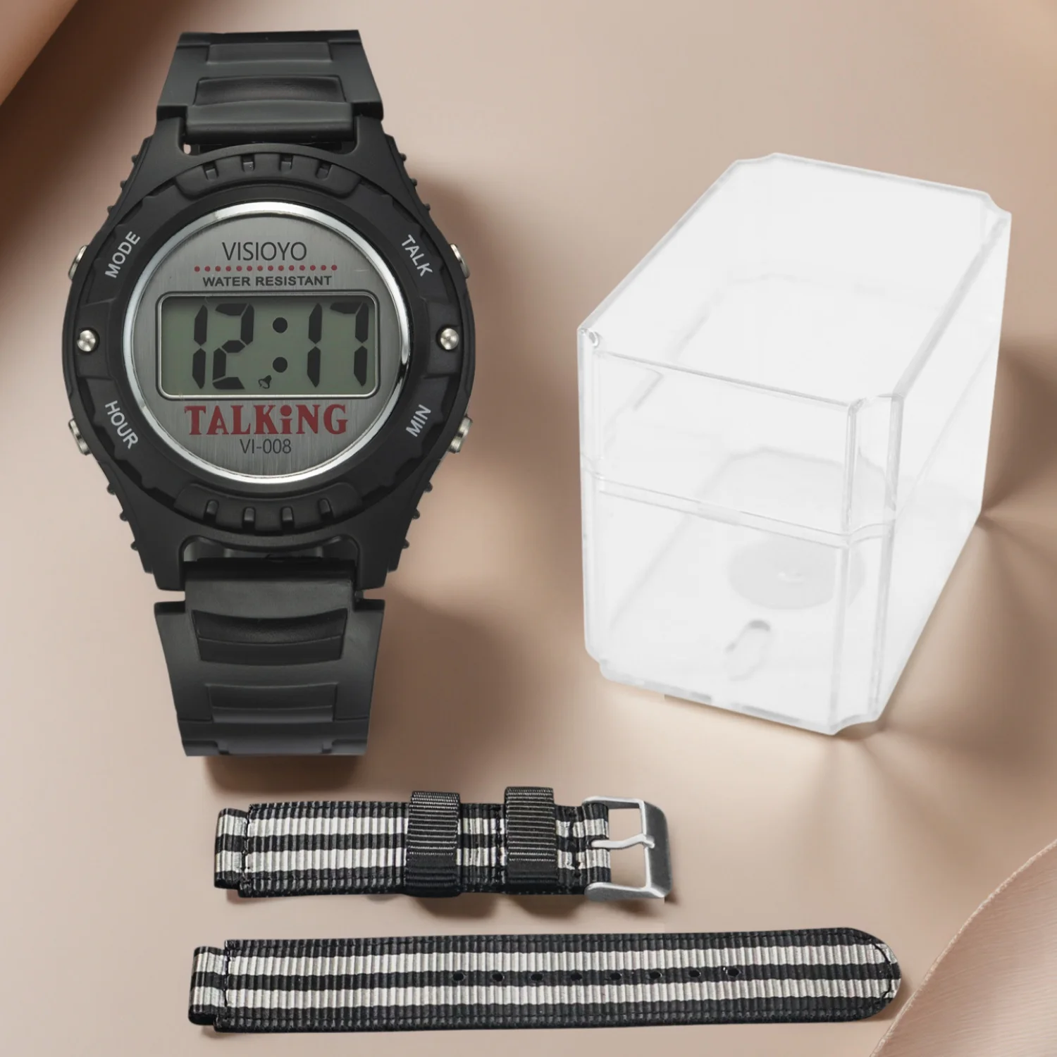 vi-008fr-フランス語音声時刻アナウンス機能付き腕時計、シリコンとナイロン製のリストバンド付き、視覚障碍のある高齢者向けのギフトに最適