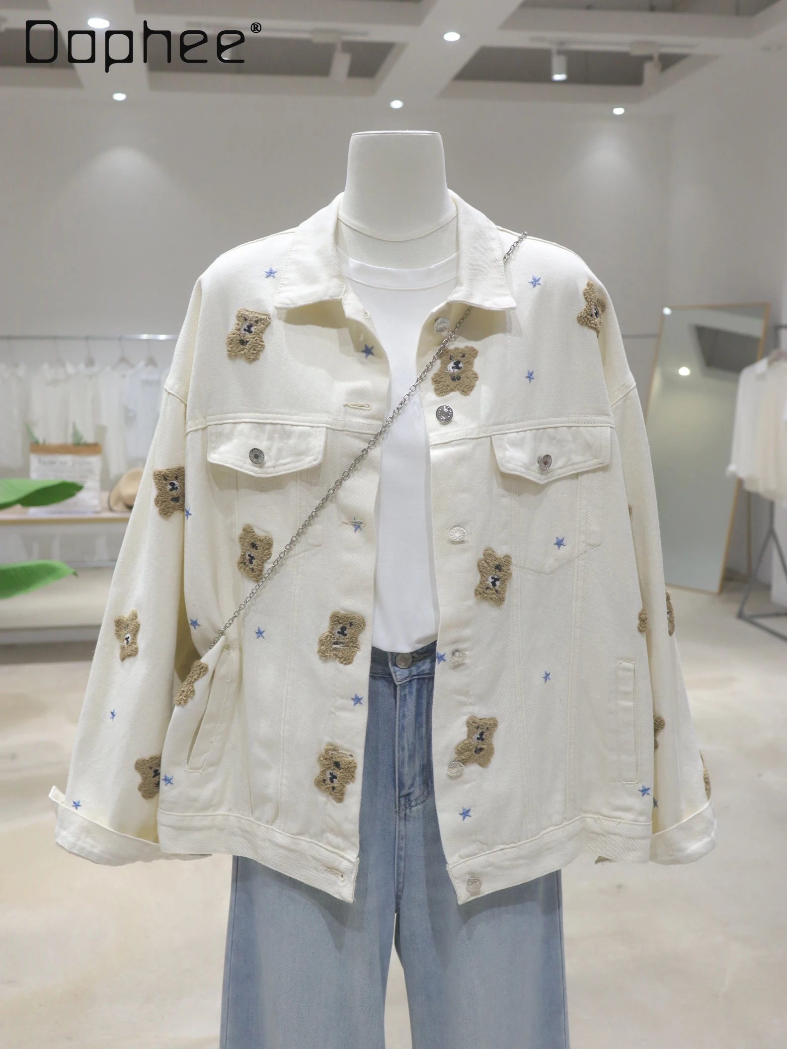 

Корейский стиль, прочная флокированная куртка с медведем, осень 2023, новая свободная хлопковая джинсовая куртка с длинными рукавами для женщин