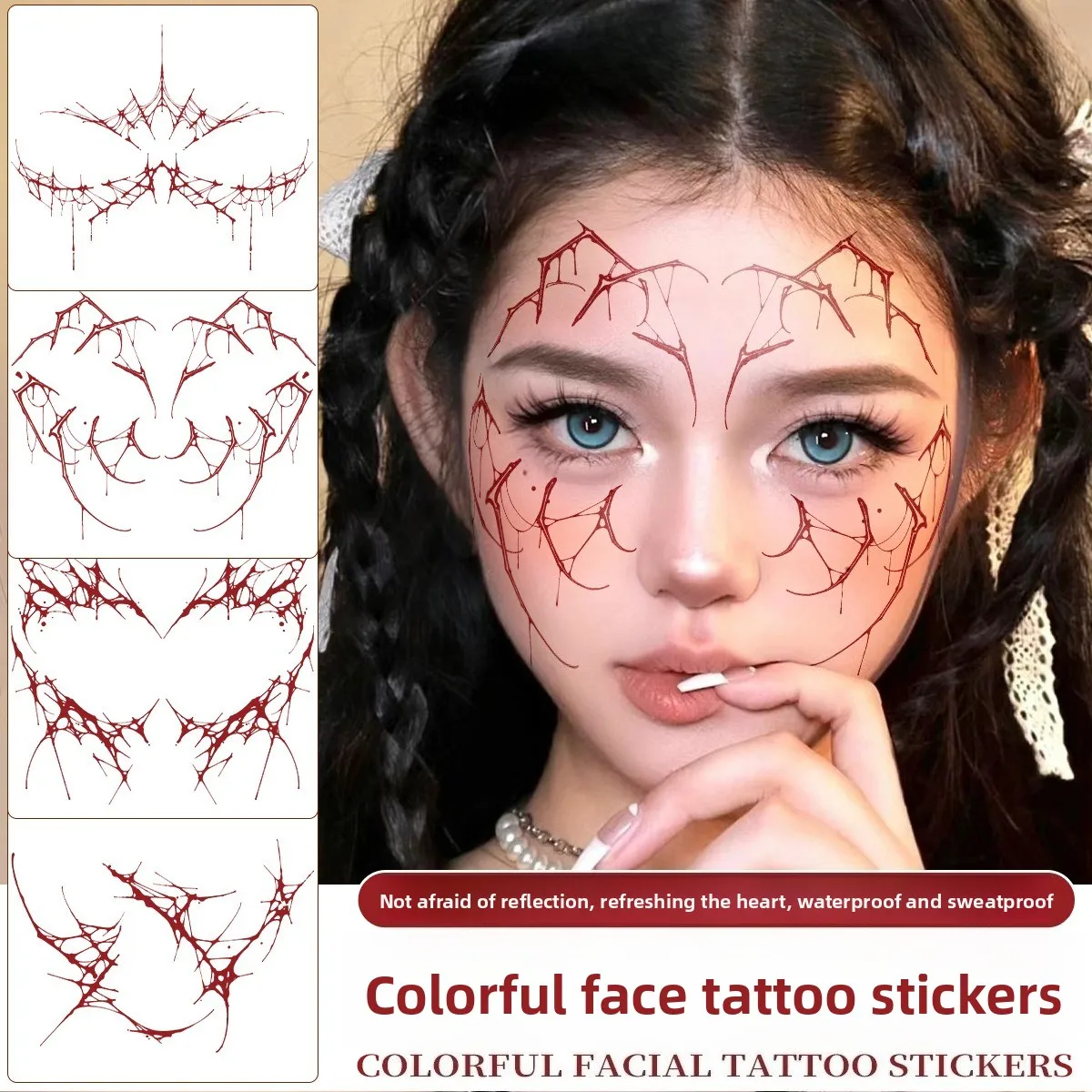 Halloween Costume Party Tattoo Stickers, Color Waterproof Blood Spider Web Face Decal, Realistic Special Makeup