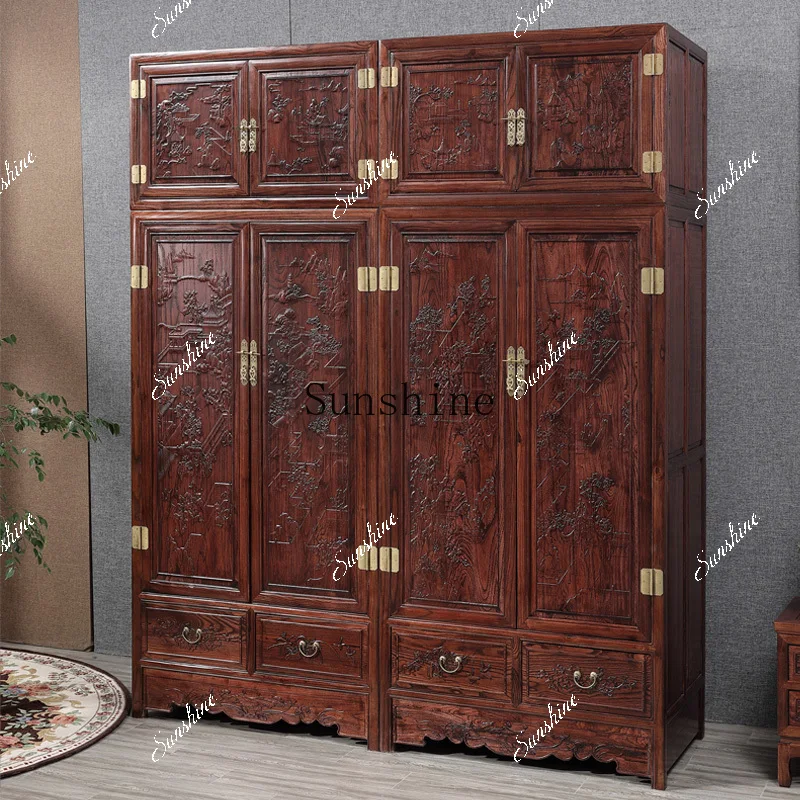 New Chinese solid wood carving flower top box cabinet four doors three doors wardrobe antique  FT