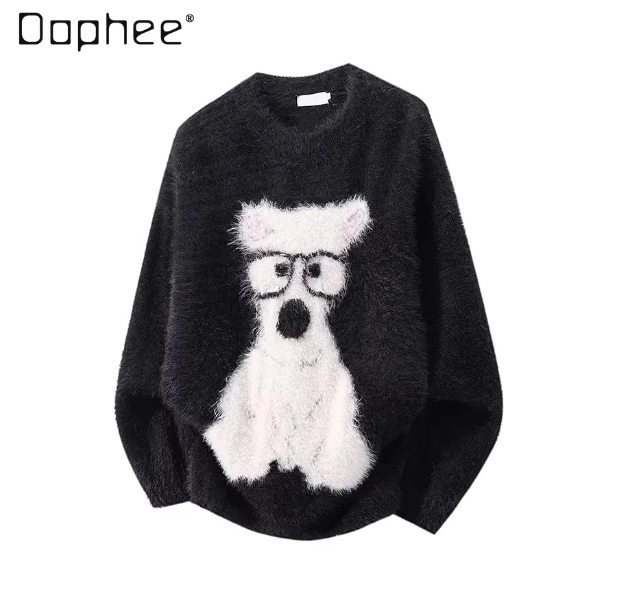 

Autumn Winter New Men's Soft Puppy Jacquard Black Crew Neck Long Sleeve Sweater Couple Cute Loose Casual Pink Knitwear