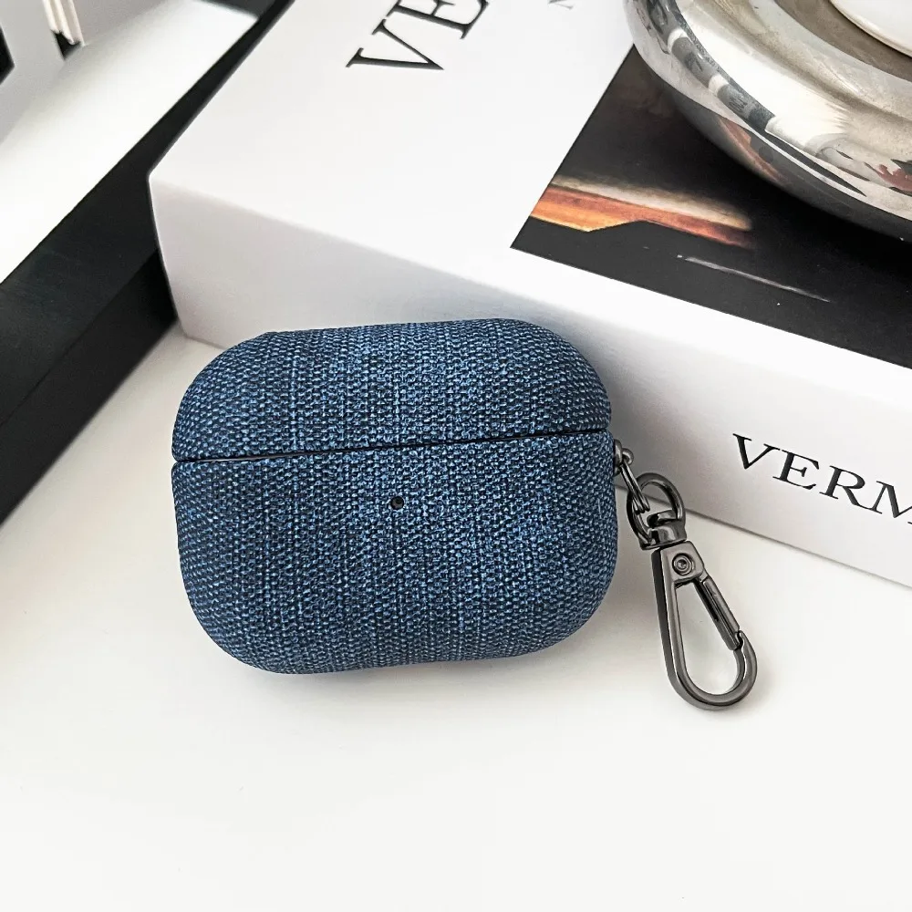 Denim Cases for AirPods Pro 2 Case Fabric Texture PU Leather Cover with Strap Hook and Adhesive for 4th Gen Earbuds