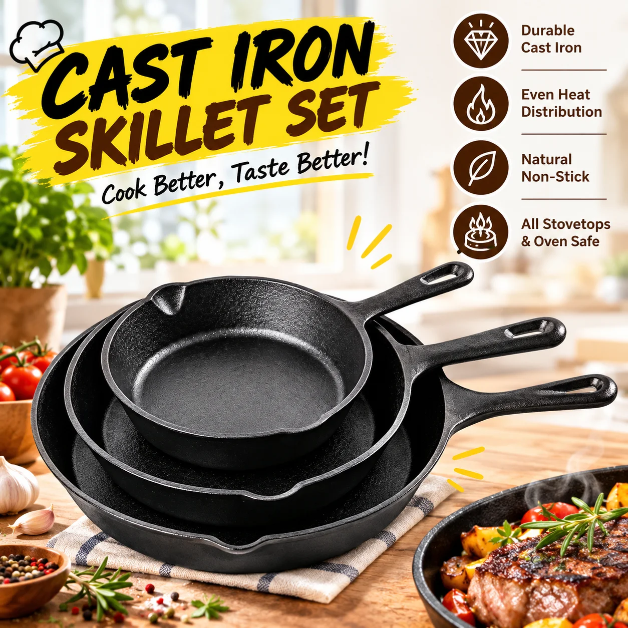 3‑Piece Pre‑Seasoned Cast Iron Skillet Set Heavy‑Duty Frying Pans With Pour Spouts Non‑Stick Cookware For Stove Oven Grill Campfire Home Kitchen Cooking