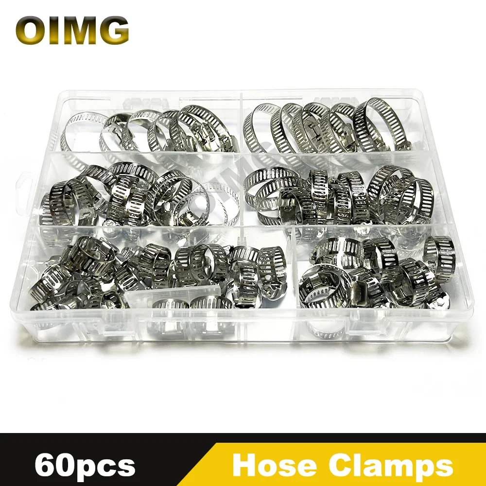 60pcs Stainless Steel Hose Clamps Kit Adjustable Metal Band Pipe Clamp for Water Pipe Intercooler Plumbing Tube Fuel Line Clips