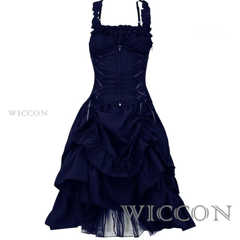 Halloween Middeleeuwse Cosplay Vintage Elegante Lace Up Corset Taille Vampier Gothic Retro Y2K Vrouwen Punk Sexy Mouwloze Lolita Jurk