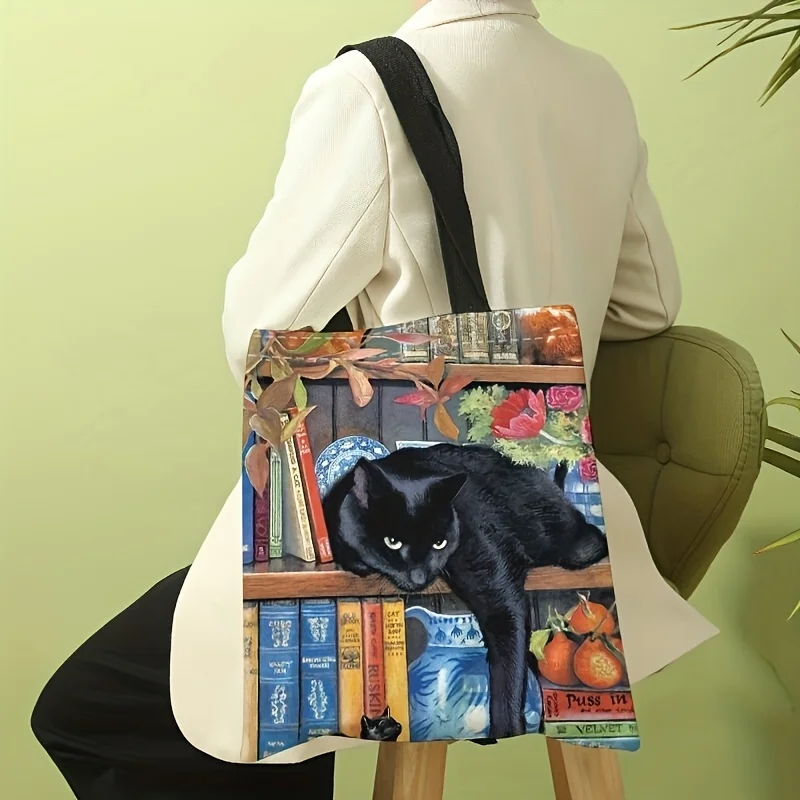 Black Cat Books Themed Tote Bag For Women Large Capacity Reusable Shoulder Shopping Bag Casual Travel Beach Bag Durable Handles