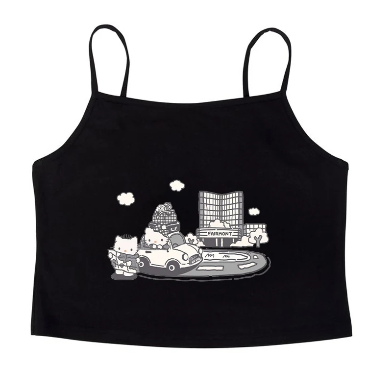 

2000s Top Aesthetics Hello Kitty Print Baby Tees Y2k Style Streetwear Short Sleeve Cute Vintage Crop Top Women Fashion Emo Girls