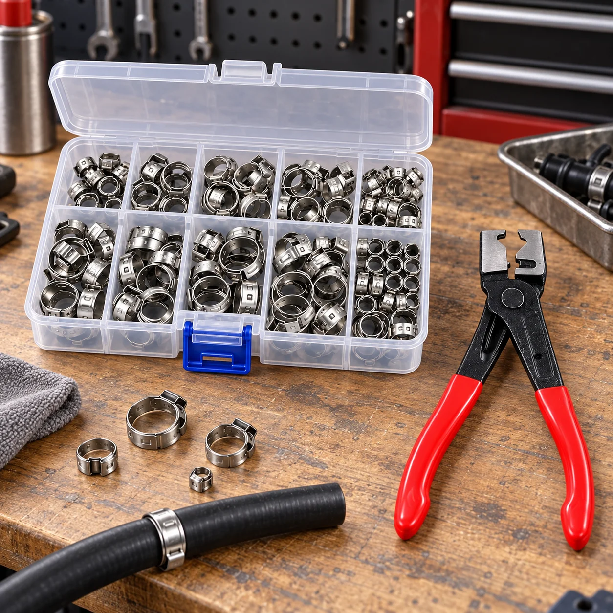 100Pcs 304 Stainless Steel Ear Hose Clamps with Crimping Pliers 10 Sizes 5.3-15.3mm Pipe Clamp Set for Auto Fuel Line Plumbing