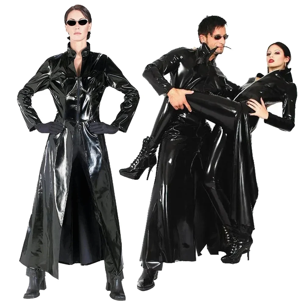 Latex Faux Leather Long Coat Trench Clubwear Halloween Party Cosplay Costumes Gothic Unisex Sexy Shiny PVC Catsuit