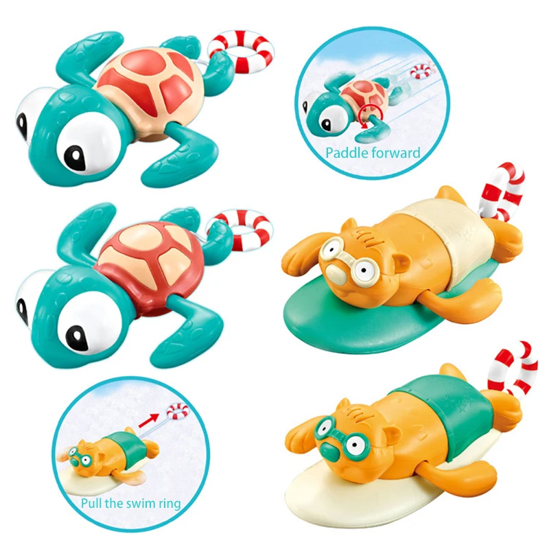 Pull String Baby Bath Toy Pull Go Sea Turtle Cute Surfing Swimming Beaver Windup Clockwork Bathtub No Battery Needed for Toddler