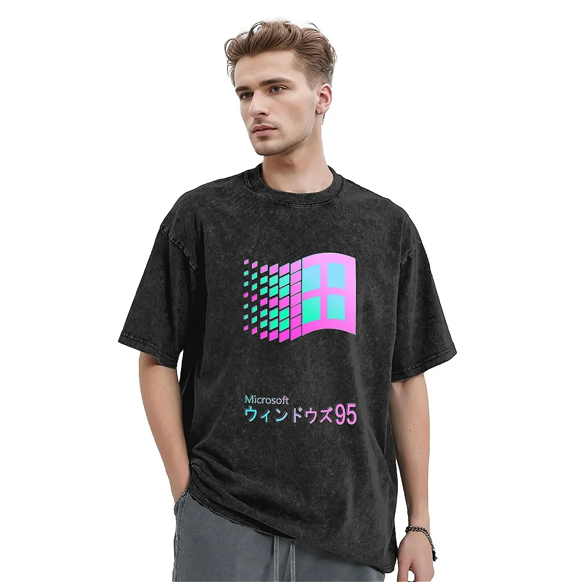 Windows 95 Washed T Shirt Couple Vaporwave Gradient Aesthetic Y2K Loose T Shirts O-Neck Fashion Tee Shirt Print Big Size Tops