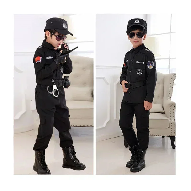 Costumes de policier cosplay pour enfants, fête de Noël, carnaval, uniforme de police, vêtements de policier de l'armée d'Halloween pour garçons, coffret cadeau pour enfants