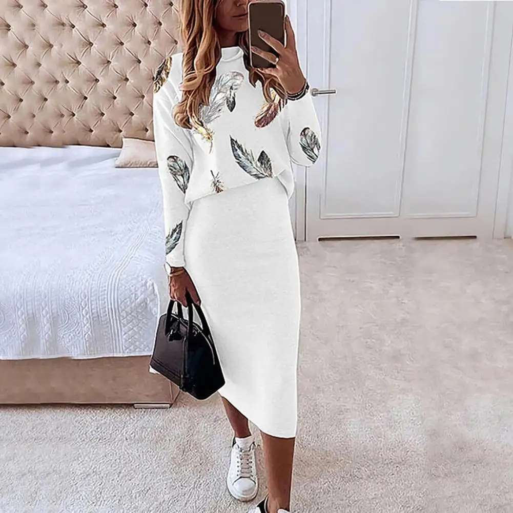 Stylish Women Top Skirt Set Pullover Autumn Top Skirt Set Turtleneck Top Elegant Spring Blouse Skirt Suit Keep Warm