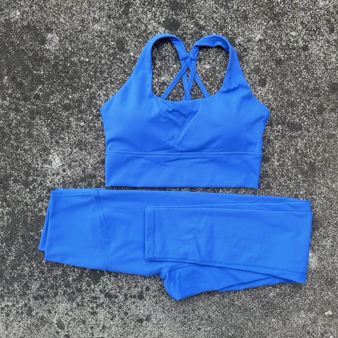 Solid Color Tight Women Cross Back High Impact Shoulder Strap Fitness Bra Top High Waist Yoga Legging 2pc Gym Yoga Set Sportwear - Image 4