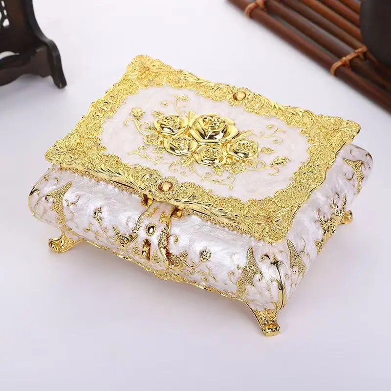 

Light Luxury Vintage Flower Jewelry Box Square Rose Jewelry Box with Mirror Creative Necklace Ring Organizer