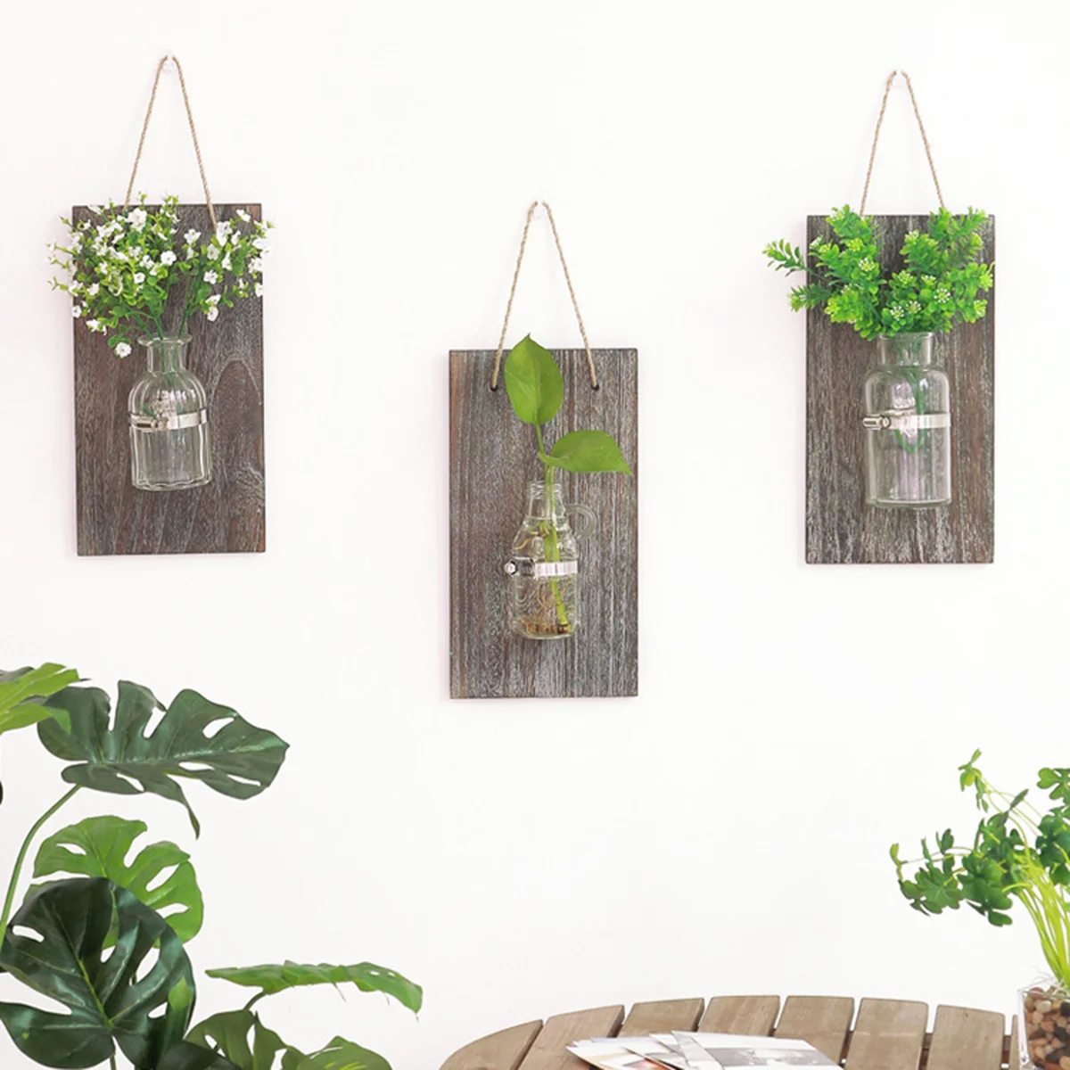 

Transparent Glass Wall Hanging Flower Pot Wooden Board Hydroponic Vase Test Tube Creative Vintage Home Decoration