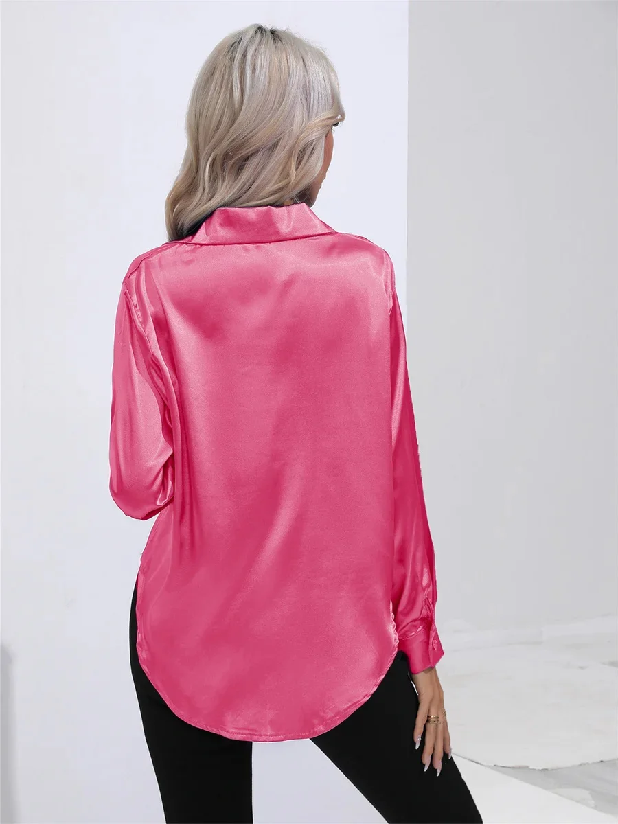 Woman Spring Autumn Style Casual Satin Blouses Shirts Lady Long Sleeve Turn-down Collar Solid Color Blusas Tops