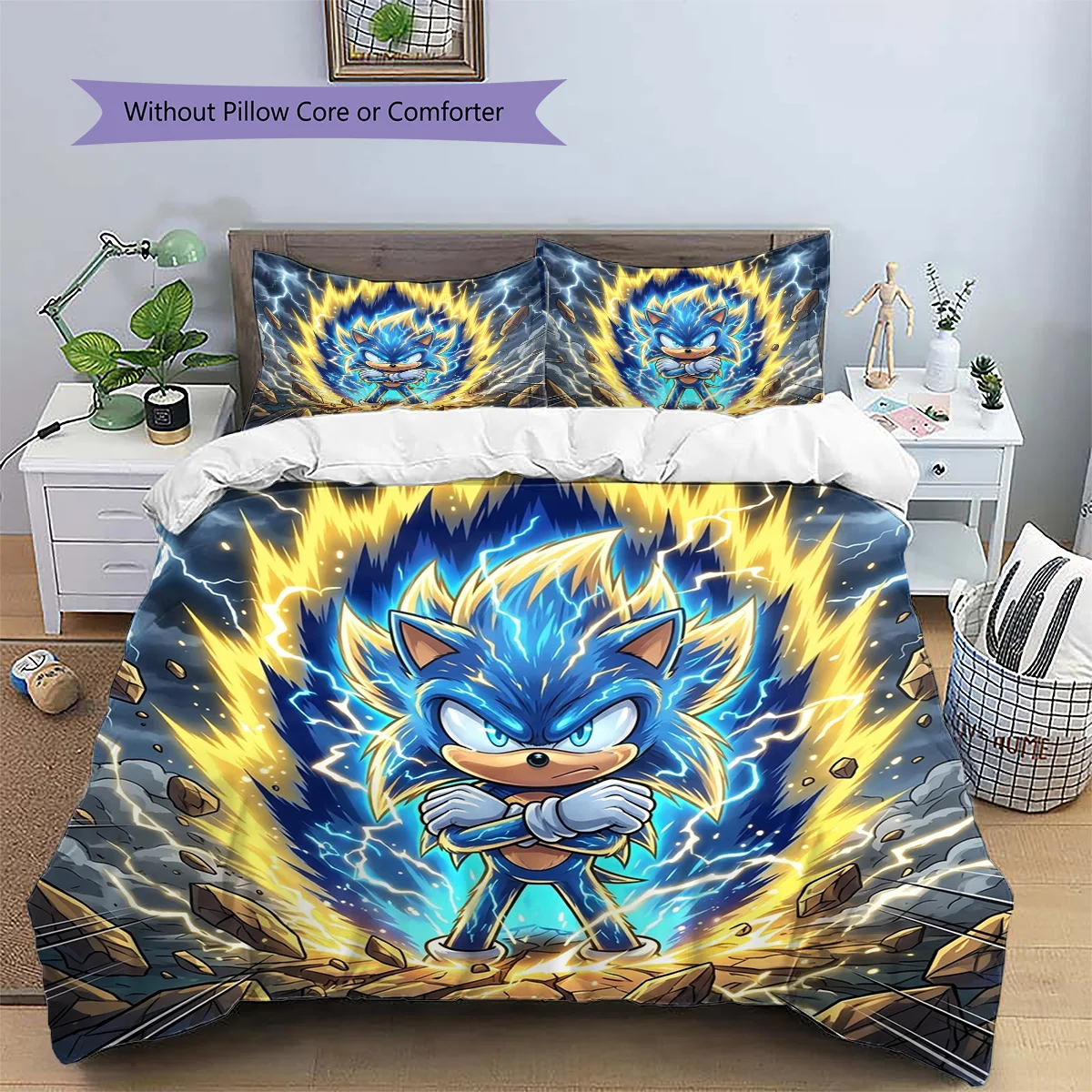 Hedgehog Sonic Patterned Pillowcase & Duvet Cover Set Premium Anime Themed Bedding Bedroom Decor Ideal Fan Gift.-TING
