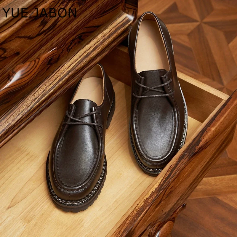 

New Cowhide Casual Shoes Round Toe Low Heel Genuine Leather Flat Shoes Retro Versatile Derby Shoes for Men Handmade Men's Shoes