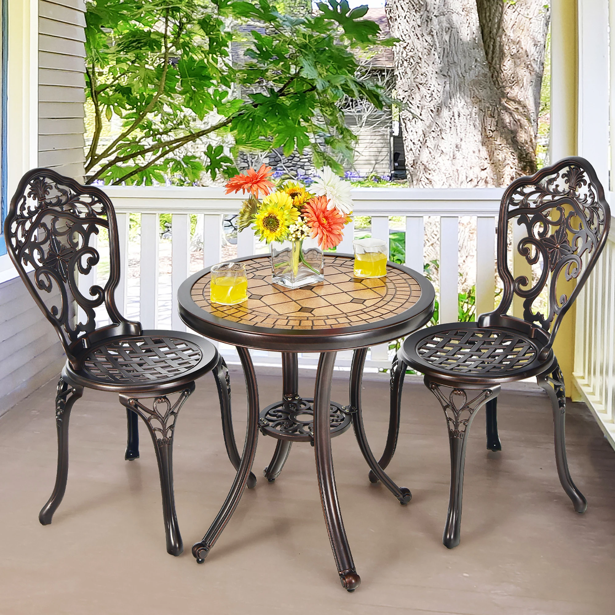 

3PCS Patio Bistro Set Round Table Chairs All Weather Cast Aluminum Yard