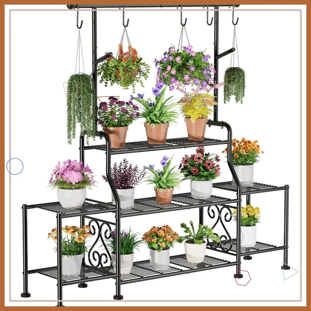 

3-Tier Tall Metal Plant Stand for Indoor Outdoor Use - Heavy Duty Shelf with Hanging Hooks, Holds 16-25 Plants, Black