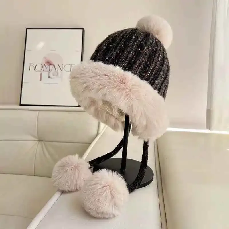 Fashion Wool Knitted Hairball Hat for Women Winter Cute Earflap Ski Cap Female Thicken Warm Hat Fluzzy Plush Pompom Russain Hat 3