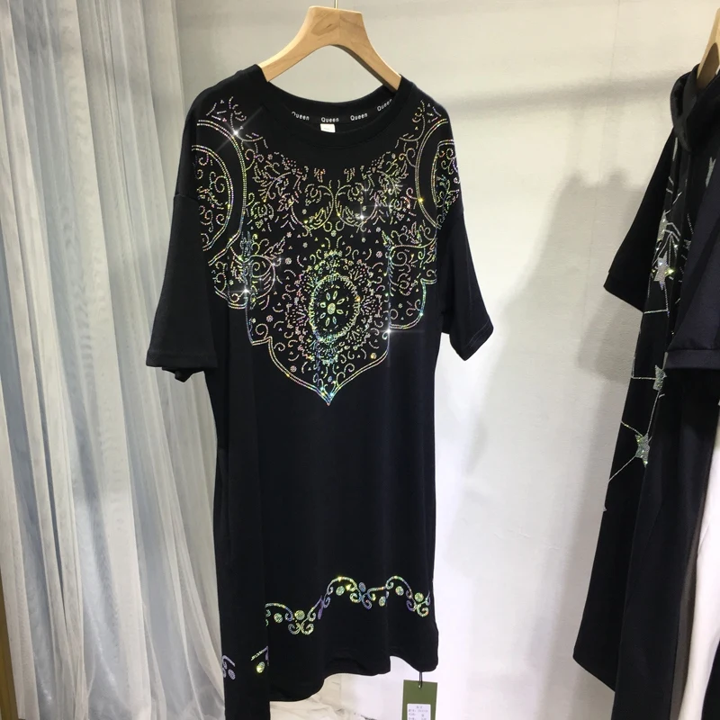 

Luxury Hot Drilling Women Dresses 2023 New Summer Fashion Loose Mid-long Oversize Top Casual Loose Black Cotton T-shirt Dress