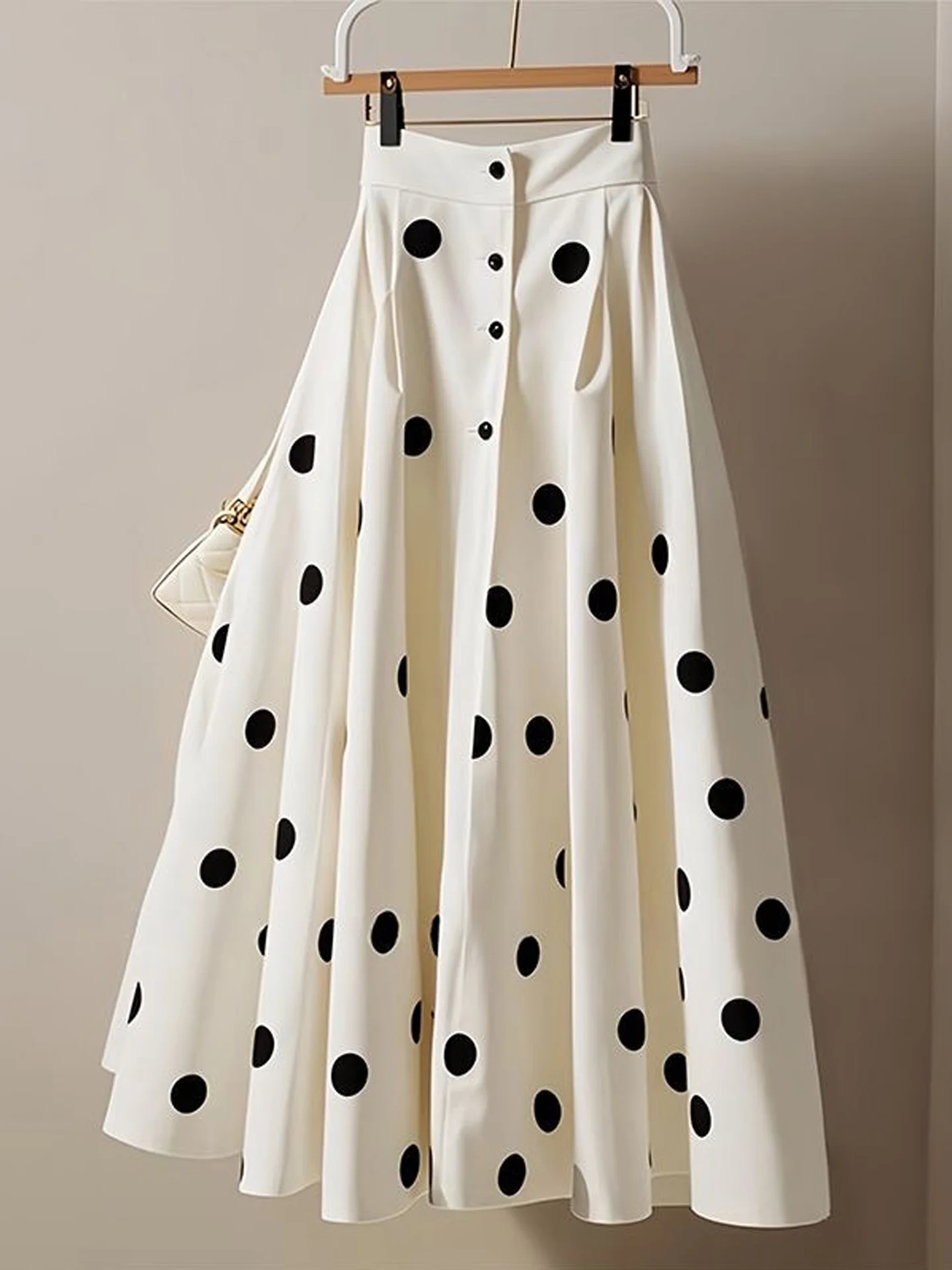 Slimming Polka Dot Button up Waist Half Skirt Women's Fashion Korean Style A-Line Long Dress Casual Daily Wear White