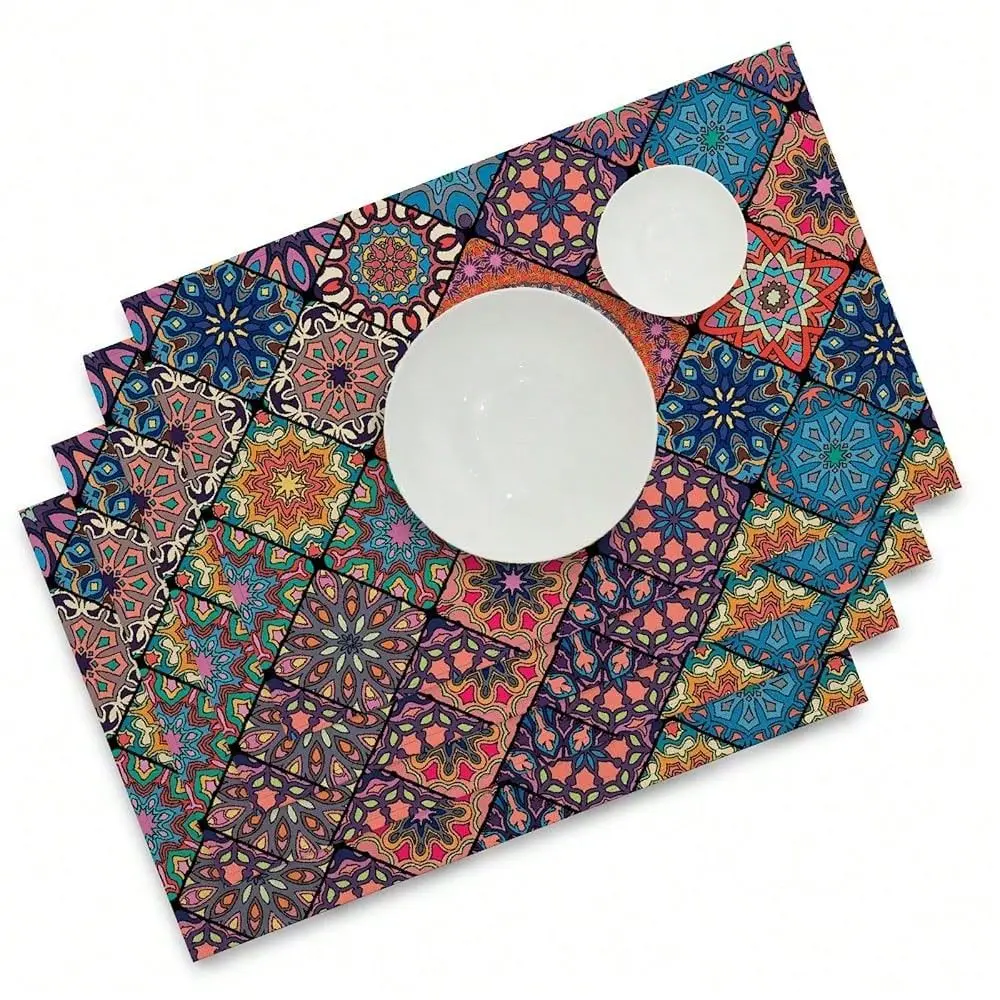 

Bohemian Placemats Set Of 4, Vintage Seasonal Washable Linen Table Mats For Dining Table Decorations Bohemian A, 12 X 18